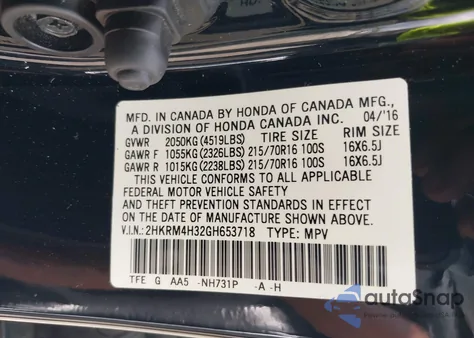 2016 Honda Cr-V Lx from USA, damaged, VIN 2HKRM4H32GH653718